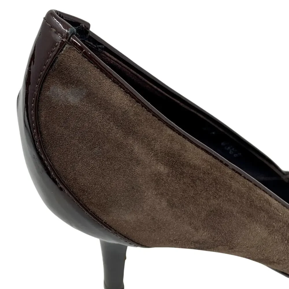 Vintage Dior Galliano Era Street Chic Brown Suede Patent Leather Logo Pumps 37.5